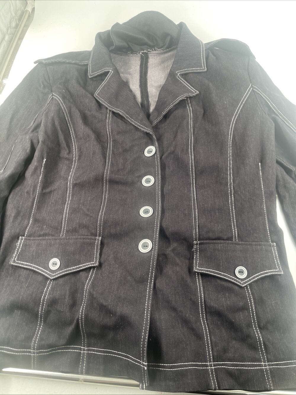 Piccadilly Fashion Black Stretch Denim-look Blazer Jacket-white Contrast Stitch
